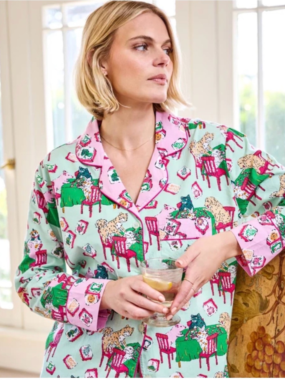 Printfresh Mint and Pink Leopard & Chair Satin Pajama Top